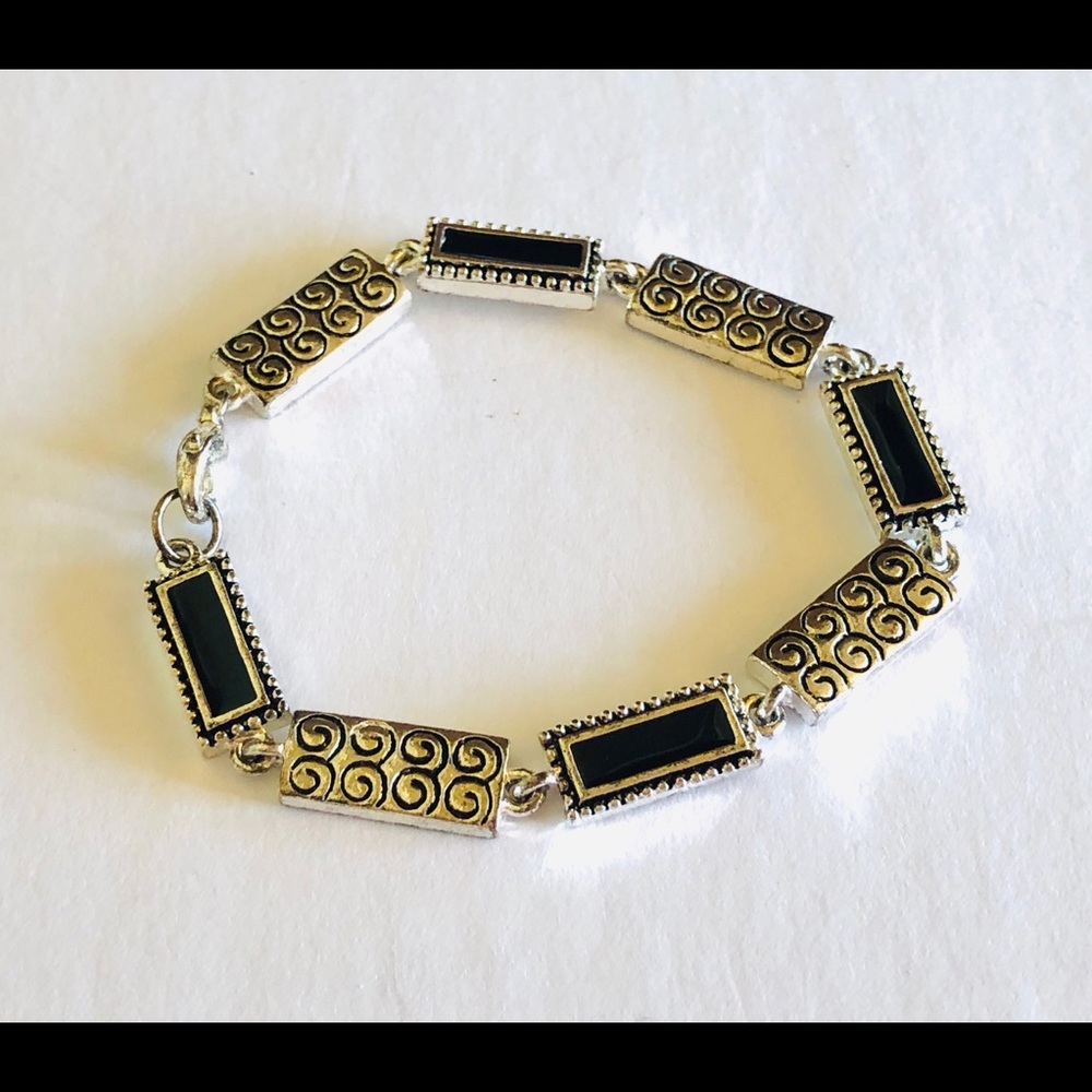 Silver and Black Enamel Rectangle Chain Bracelet